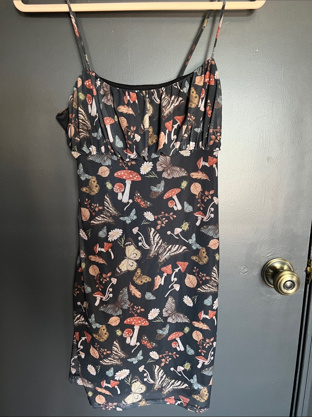 Forever 21 NWT -Floral & Mushroom Print Slip Dress - Black with Multicolor Print